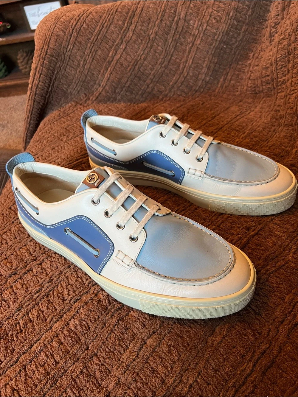 Gucci Blue and Beige Leather Boat Shoe Sneakers